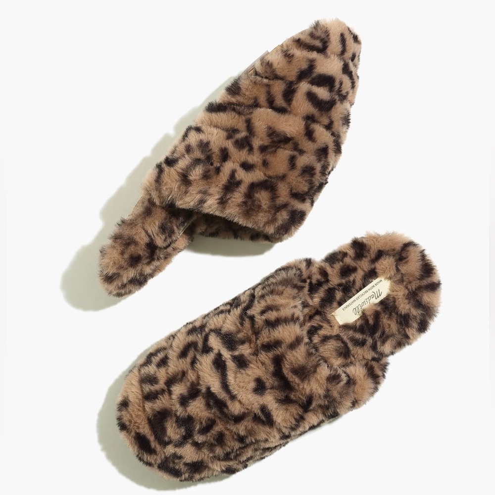 Madewell Leopard Print Faux Fur Slippers in Brown and Black